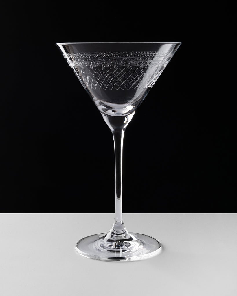 1910 martini glass with etched diamond like design around it