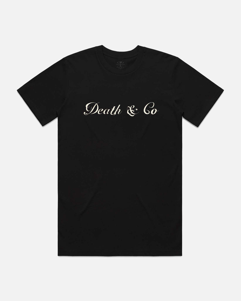 black tee with death & co. white script 