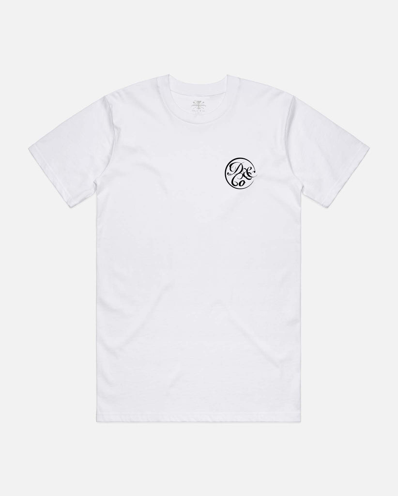 front of white t-shirt with death & co logo on pocket