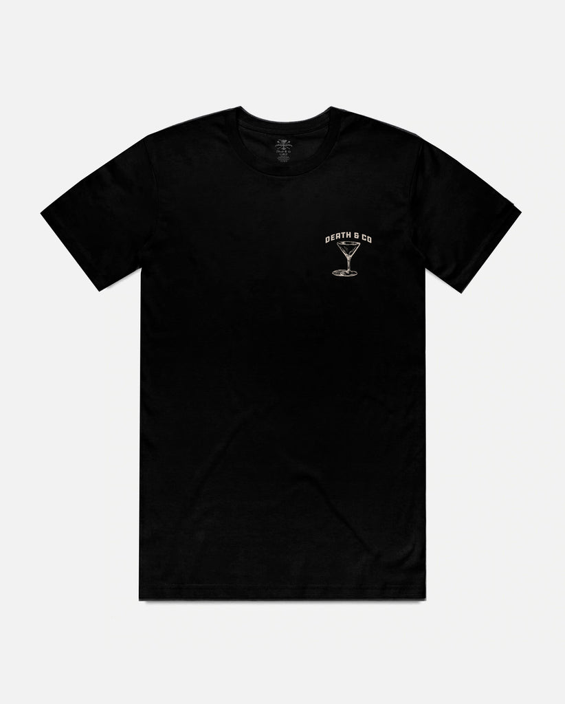 front of death & co. black tee with martini glass on pocket