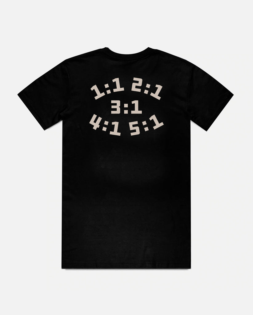 back of black tee with ratios 1:1 2:1 3:1 4:1 5:1 on it