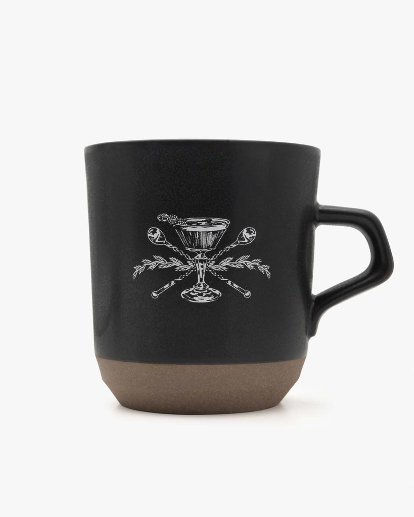 black mug with death & co logo on it