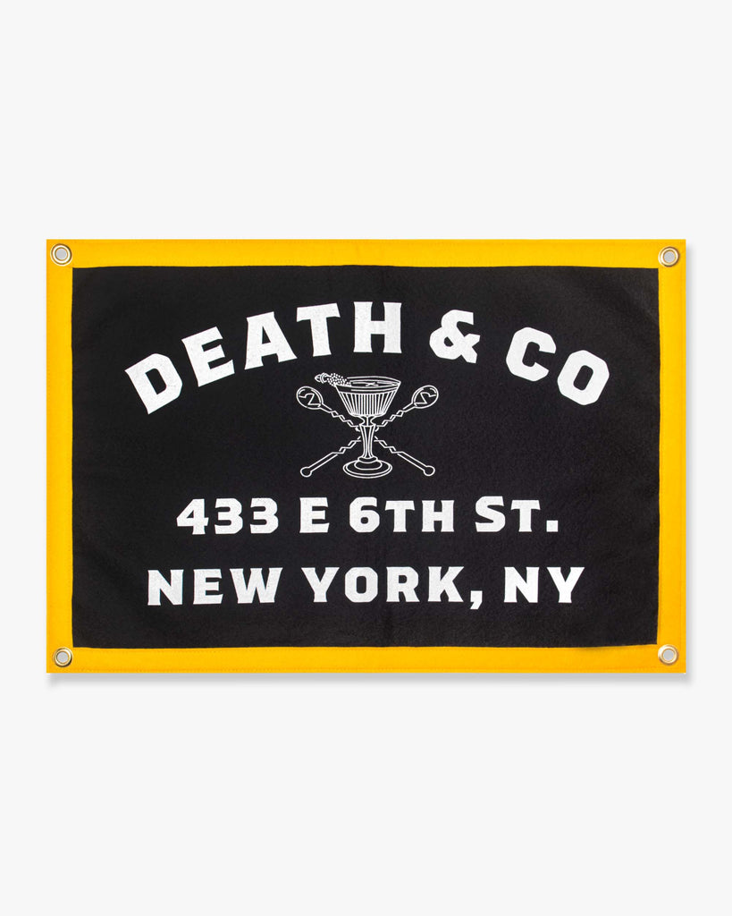 black death & co. 433 E 6th St. New York, NY banner with yellow trim