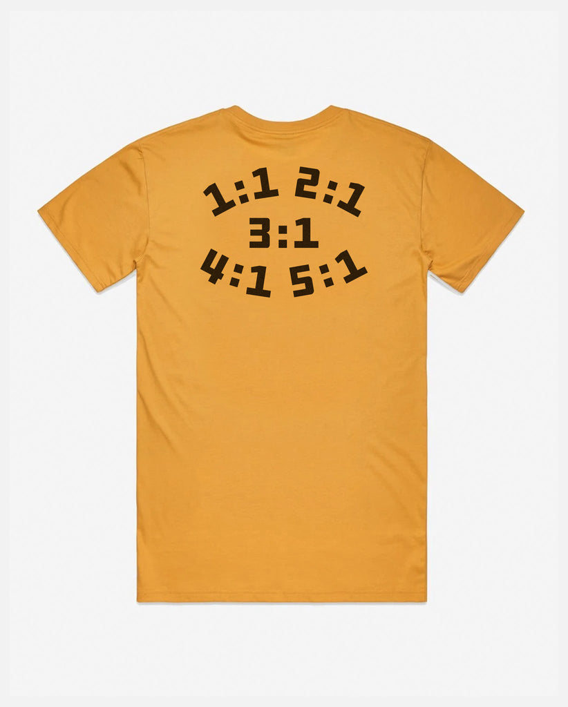 gold tee with ratios 1:1 2:1 3:1 4:1 5:1 on it
