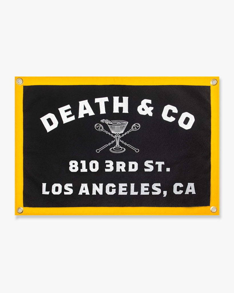 black death & co. 810 3rd St. Los Angeles, CA banner with yellow trim