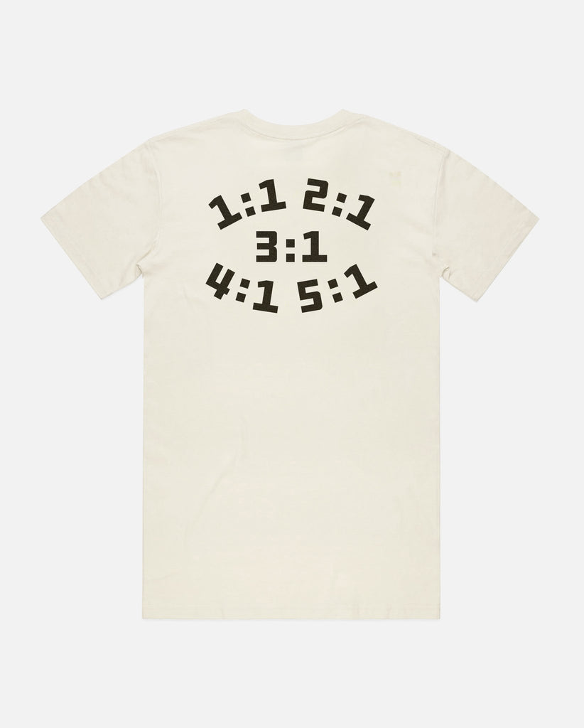 back of vintage white tee with ratios 1:1 2:1 3:1 4:1 5:1 on it