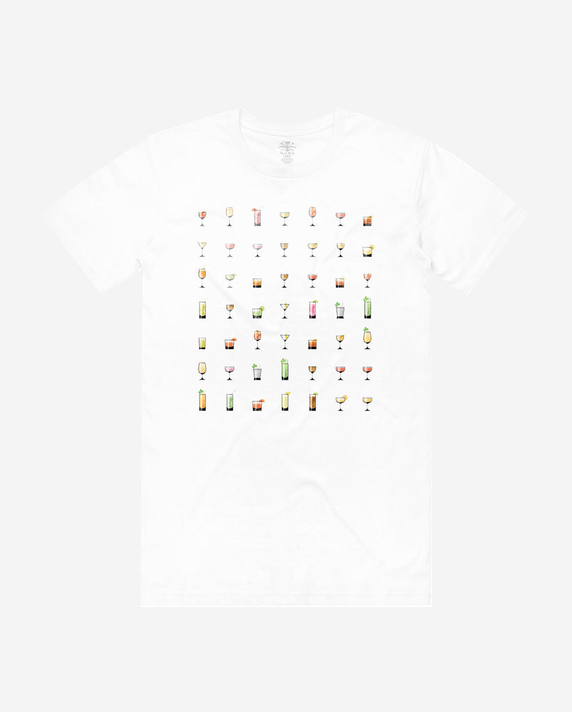 front of white t-shirt with assorted drinks on it
