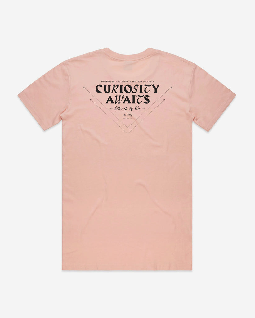 back of peach t-shirt with "curiosity awaits"