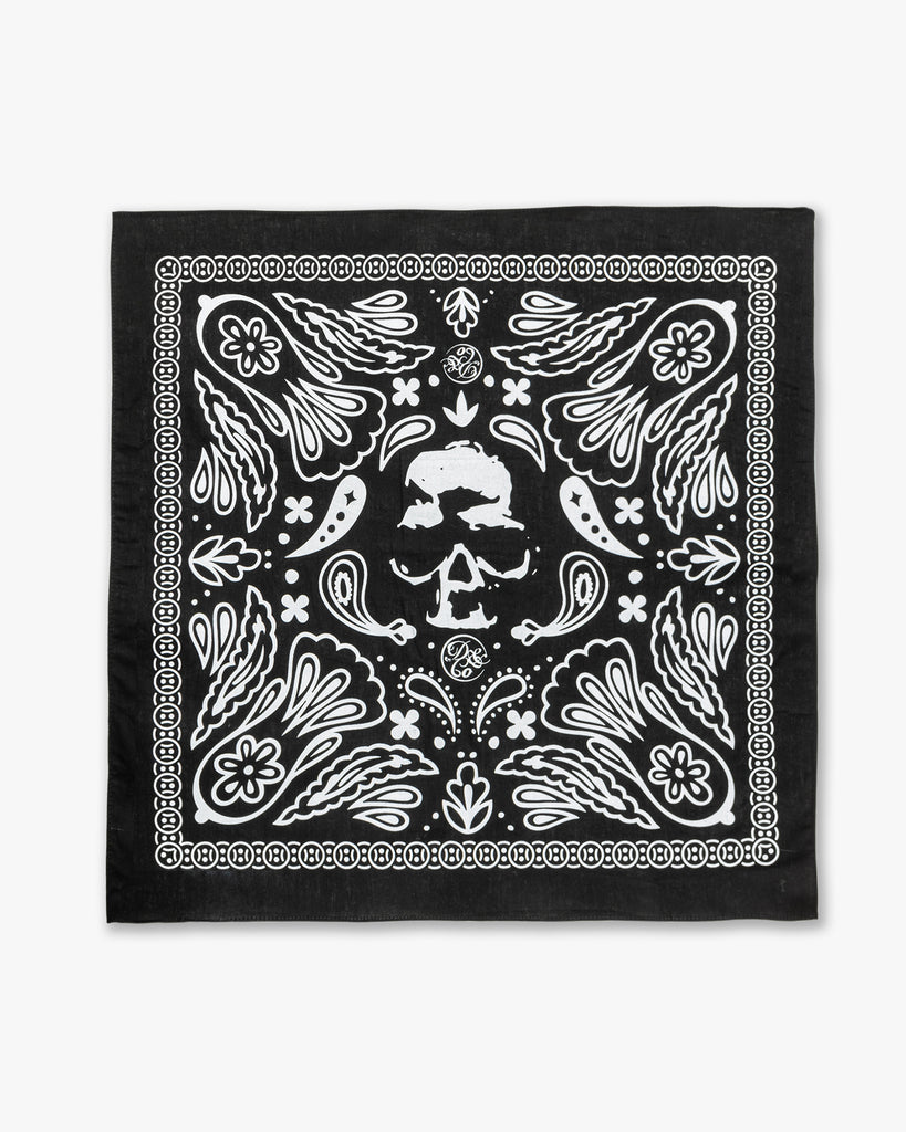 black bandana with skull and flower artwork around it