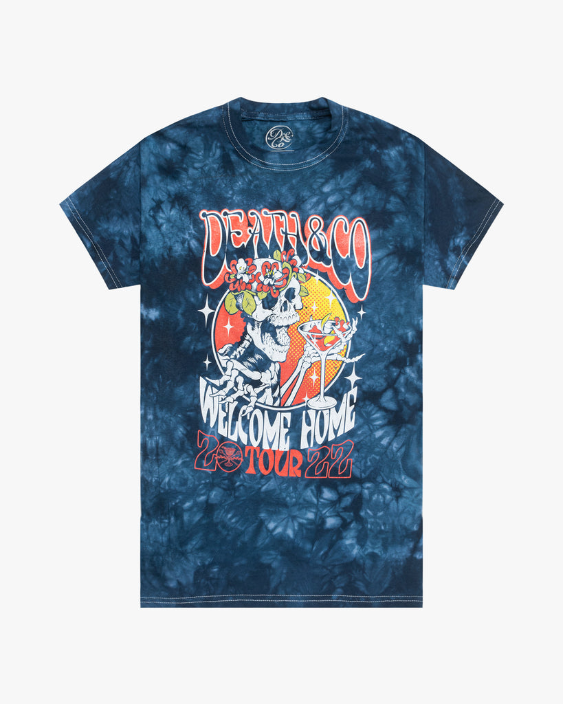 front of blue tie dye death & co. welcome home 2022 tour tee