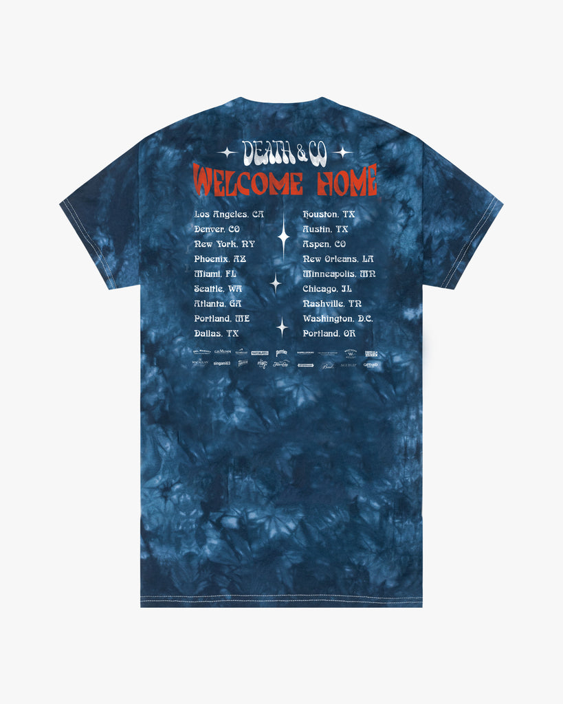 back of blue tie dye death & co. welcome home 2022 tour tee
