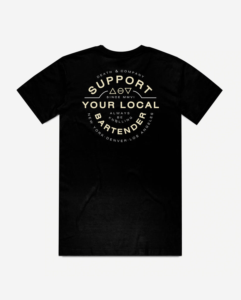 back of black t-shirt with "support your local bartender"