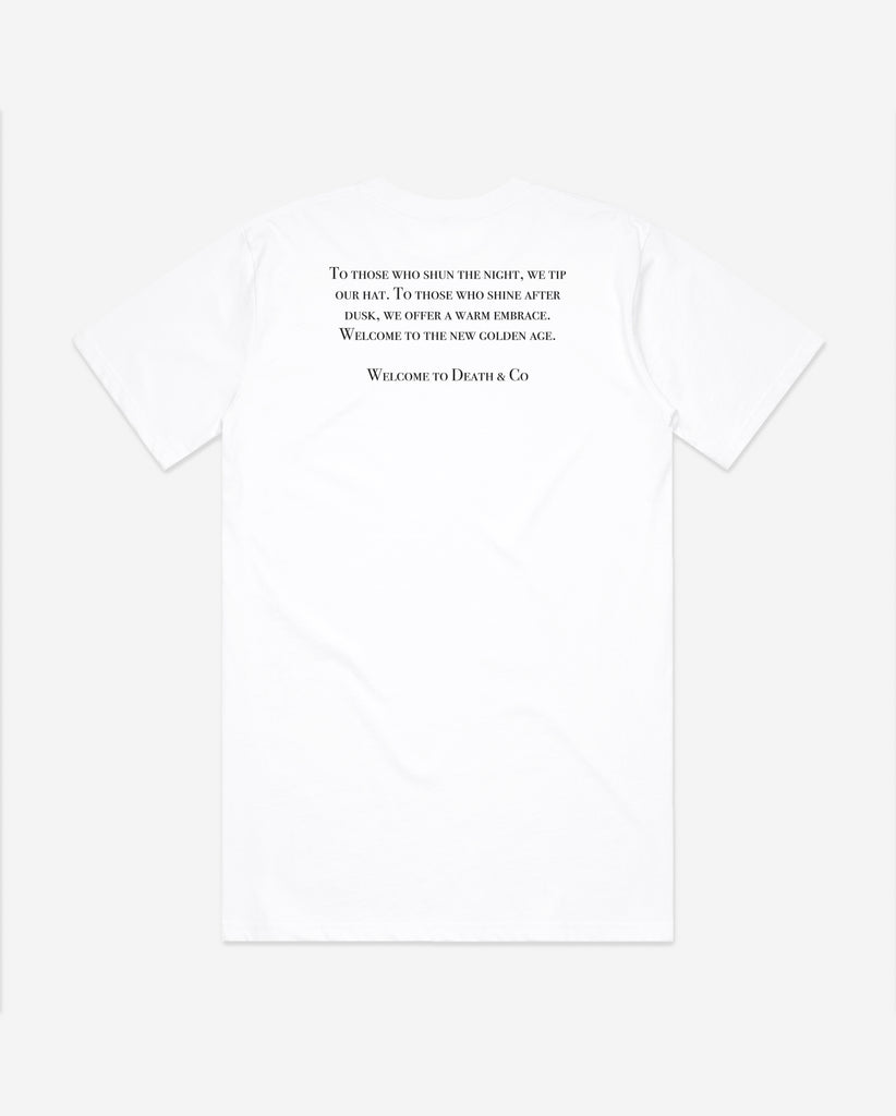 back of white tee with death & co. quote 
