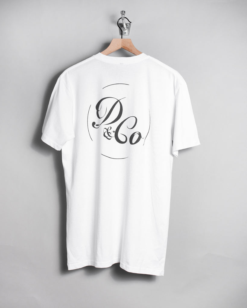 white t-shirt on hanger with death & co. in circle design