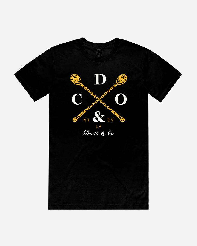 front of black t-shirt with death & co. two crossed mixing spoons design