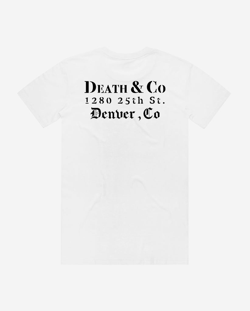 back of white tee with "death & co. 1280 25th st. denever, co."