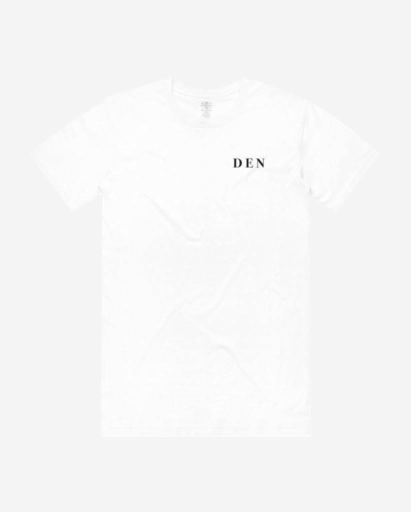 front of white tee with DEN on pocket