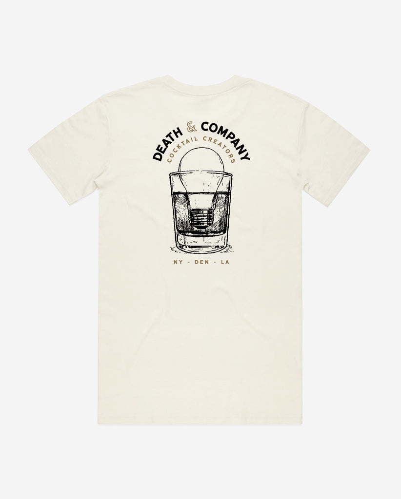 back of vintage white t-shirt with "death & company cocktail creators" with light bulb in drink design