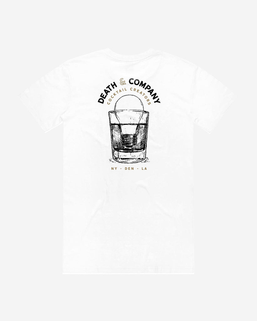 back of white t-shirt with "death & company cocktail creators" with light bulb in drink design