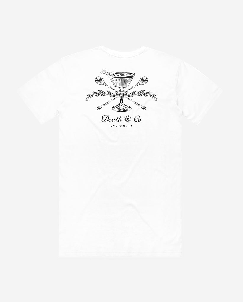back of white t-shirt with death & co. crest