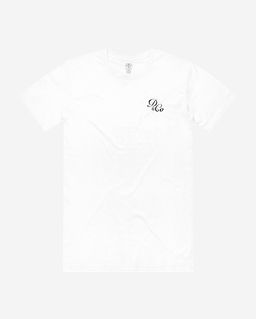 front of white t-shirt with death & co. logo on pocket 