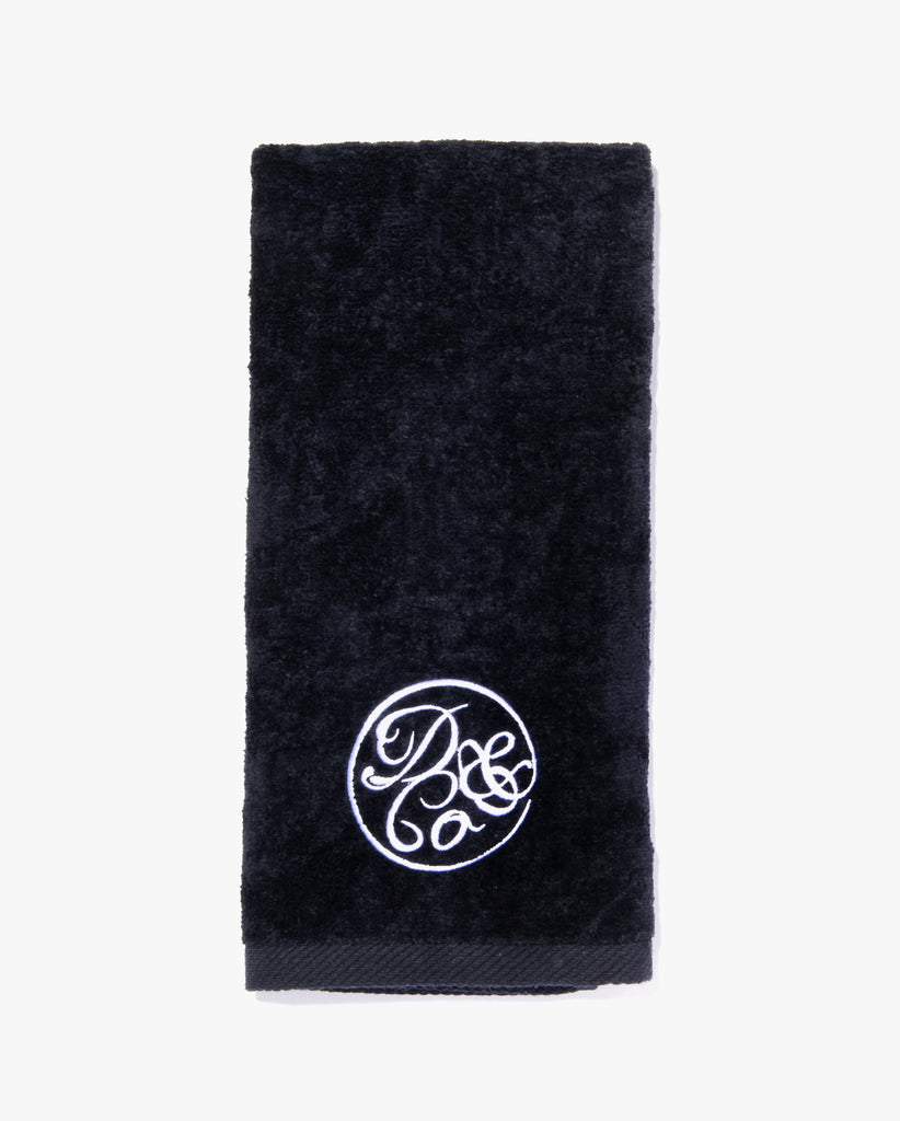 black bar towel with embroidered death and co logo