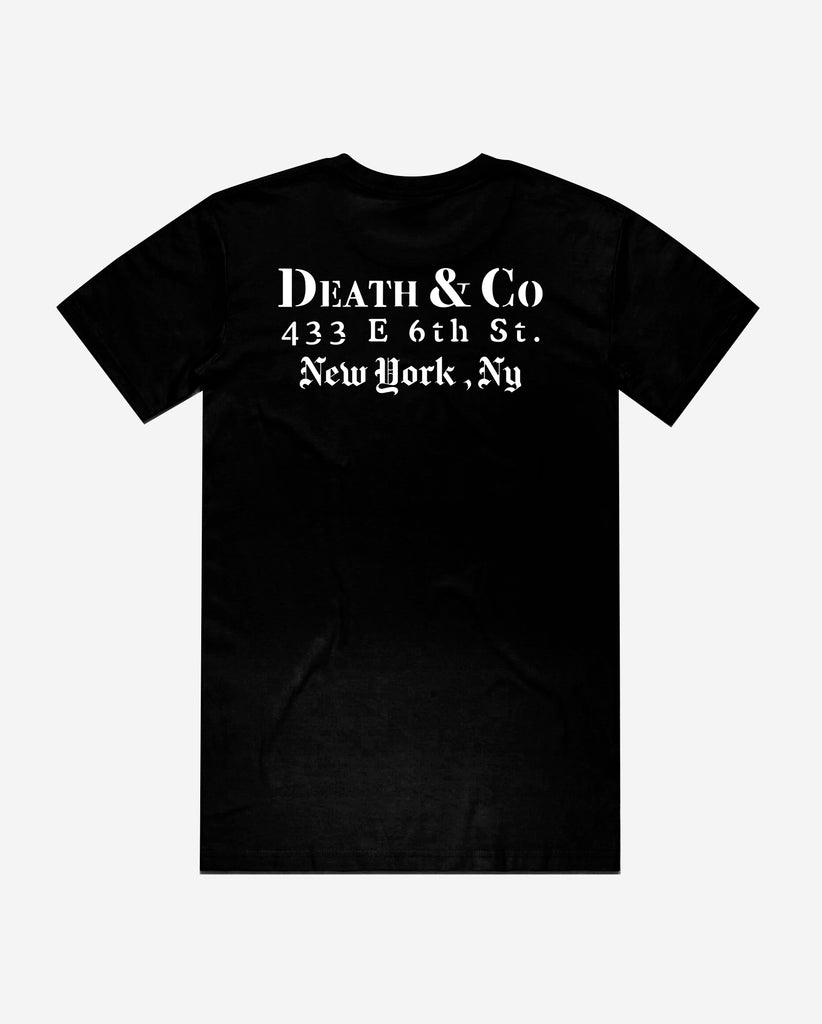 back of black tee with "death & co. 433 E 6th St. New York, NY"