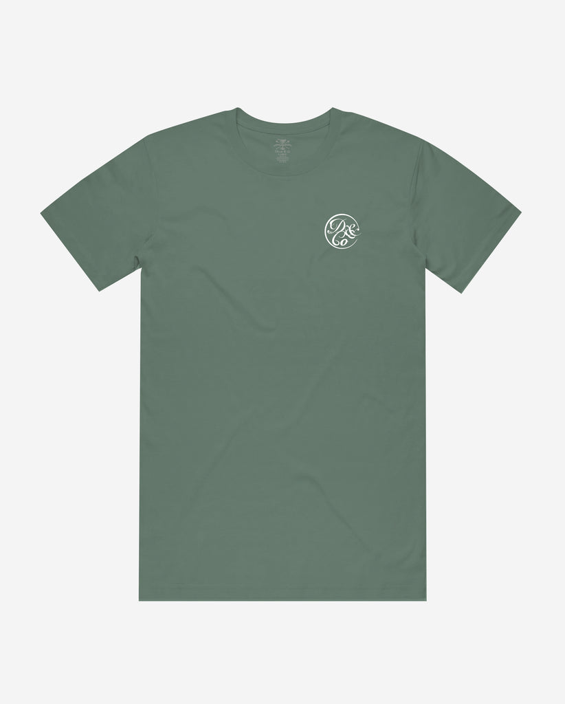 front of olive tee with death & co. logo on pocket