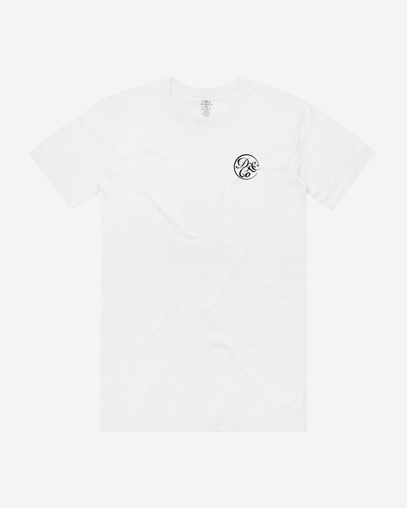 front of white tee with death & co. logo on pocket