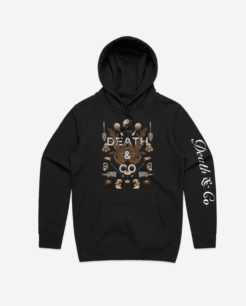 black obituary hoodie with "death & co." on sleeve