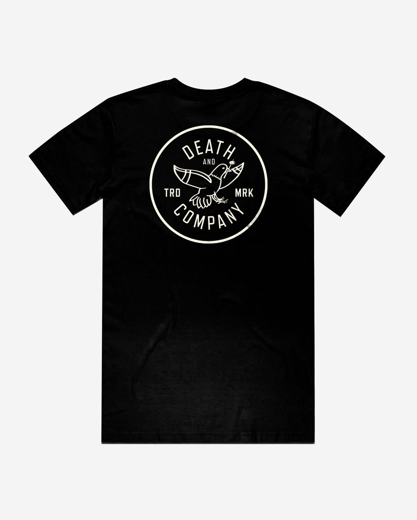 death & company black tee with pigeon graphic