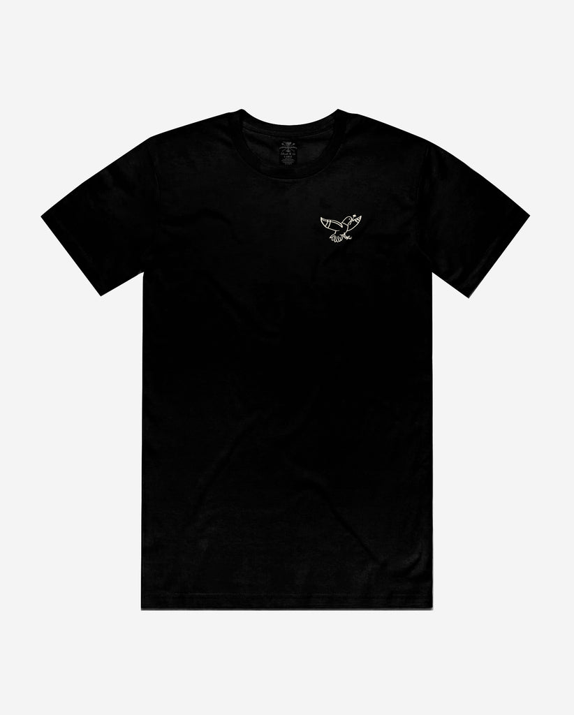 front of black tee with pigeon graphic on pocket 