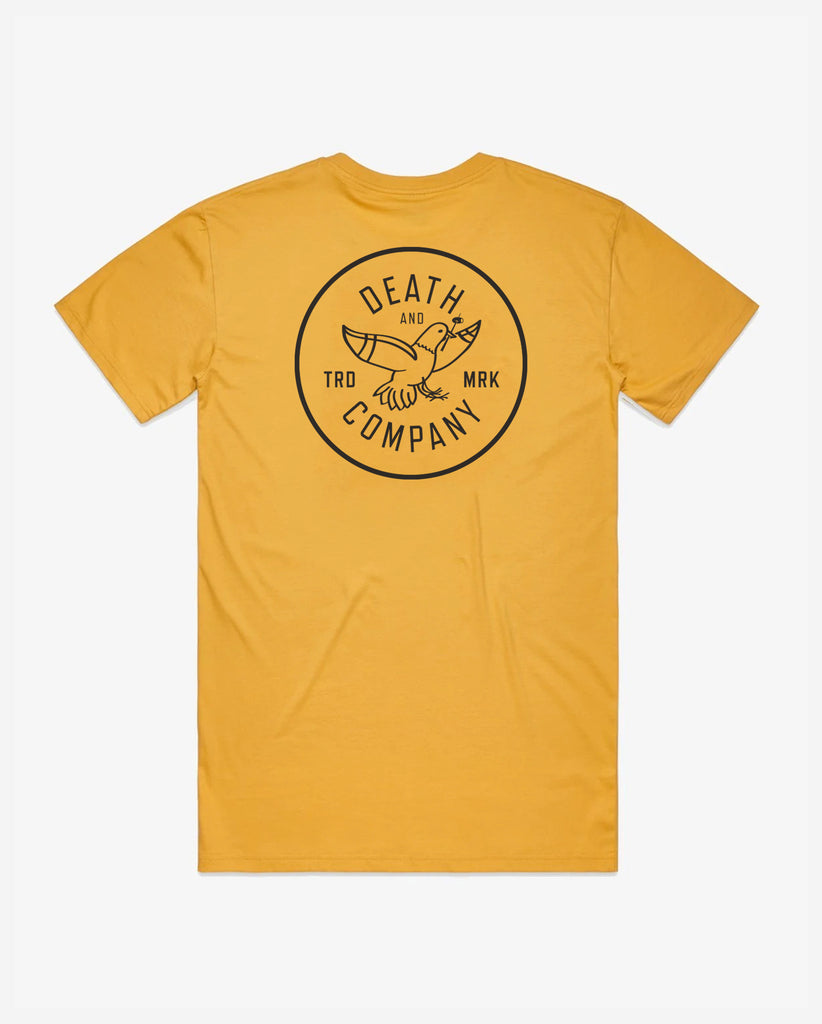  death & company gold tee with pigeon graphic
