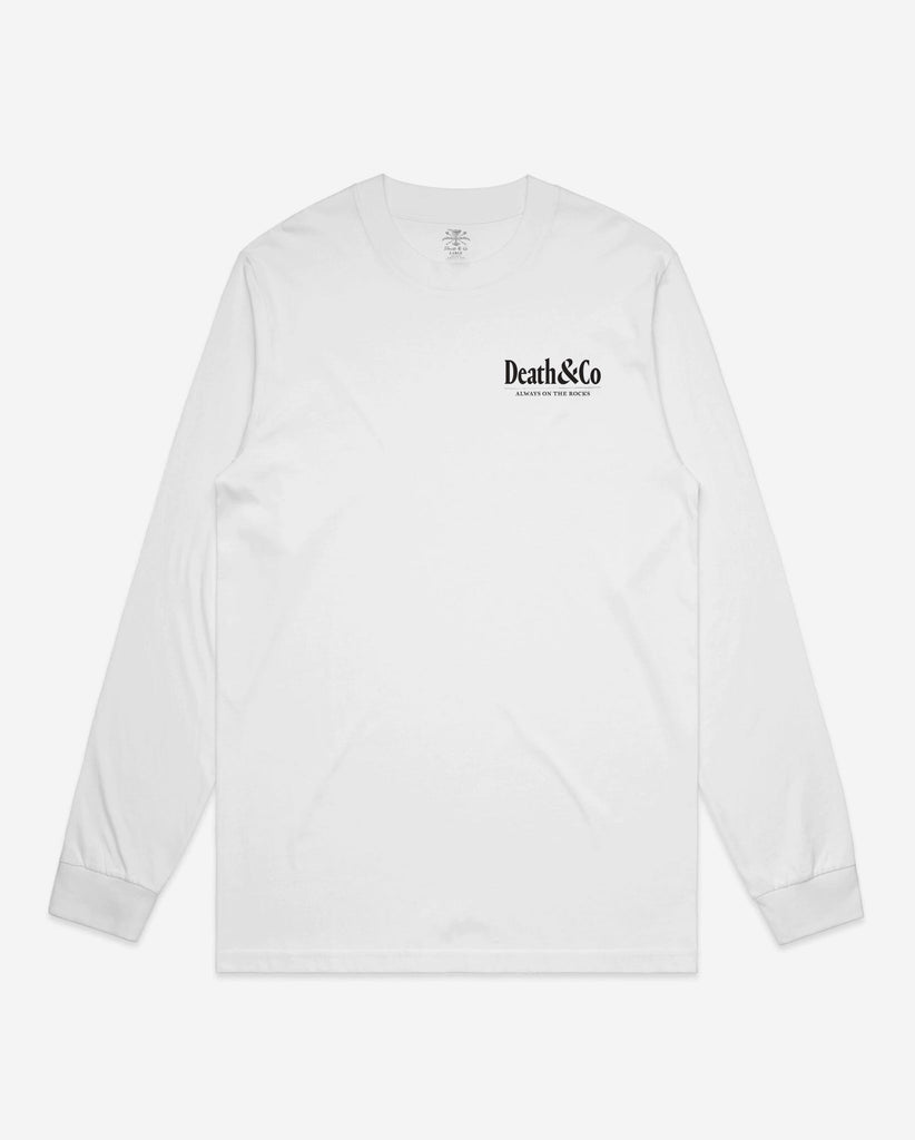 front of white long sleeve with death & co. on pocket