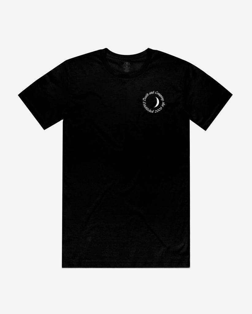 front of black tee with "death and company established 2006 NYC" in circle around moon graphic on pocket