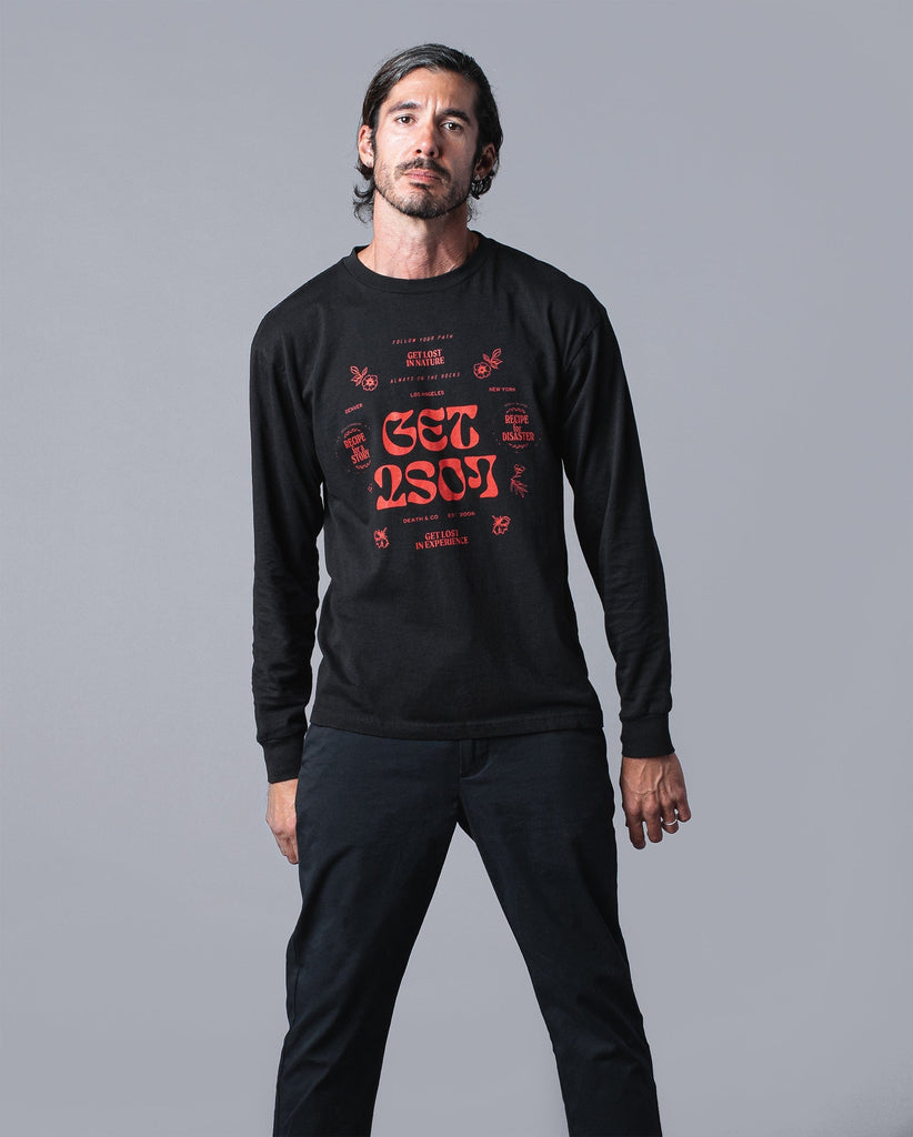 man wearing black get lost long sleeve