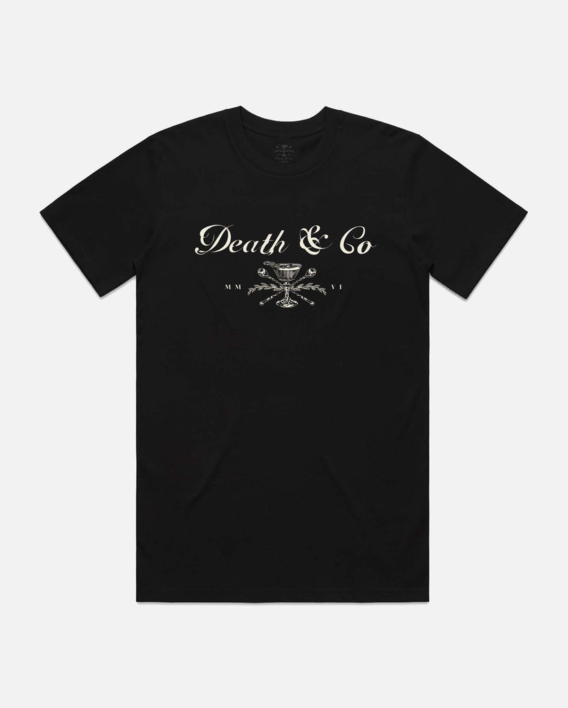 front of black t-shirt with Death & Co crest in white
