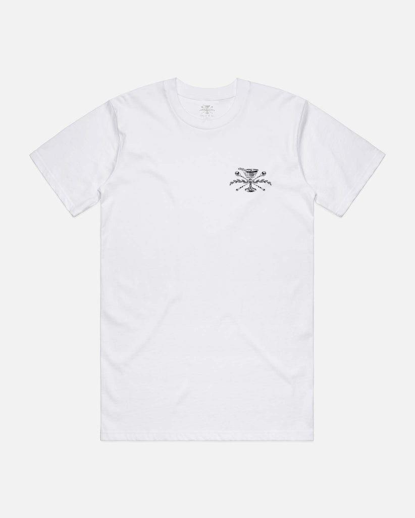 front of white t-shirt with death & co crest on pocket
