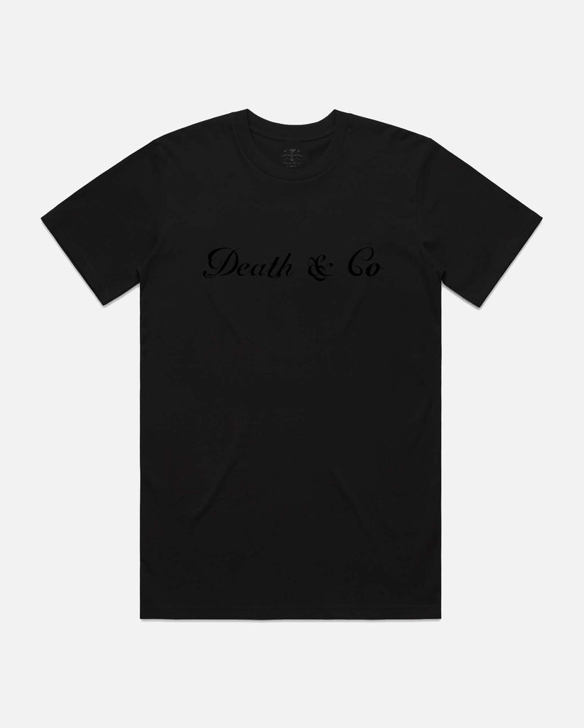 black tee with death & co. black script 