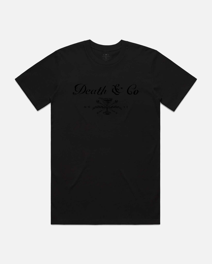 front black of t-shirt with death & Co crest in black