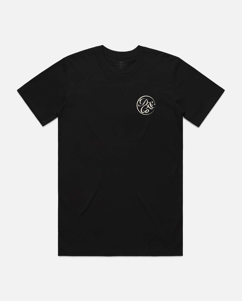 front of black t-shirt with death & co logo on pocket