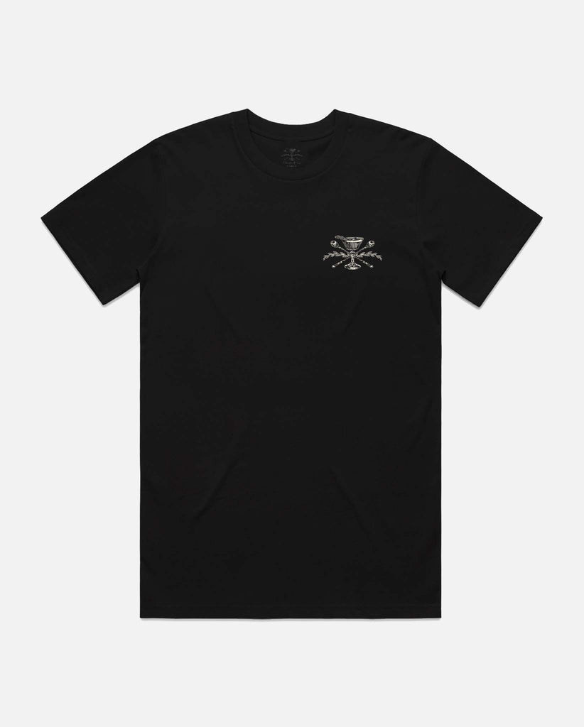 front of black t-shirt with death & co crest on pocket