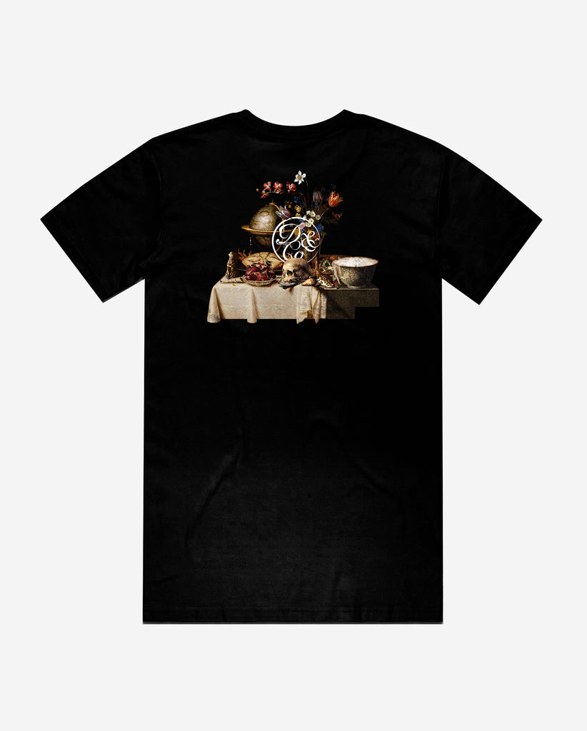 back of black tee with table of food and drinks graphic and death & co. logo