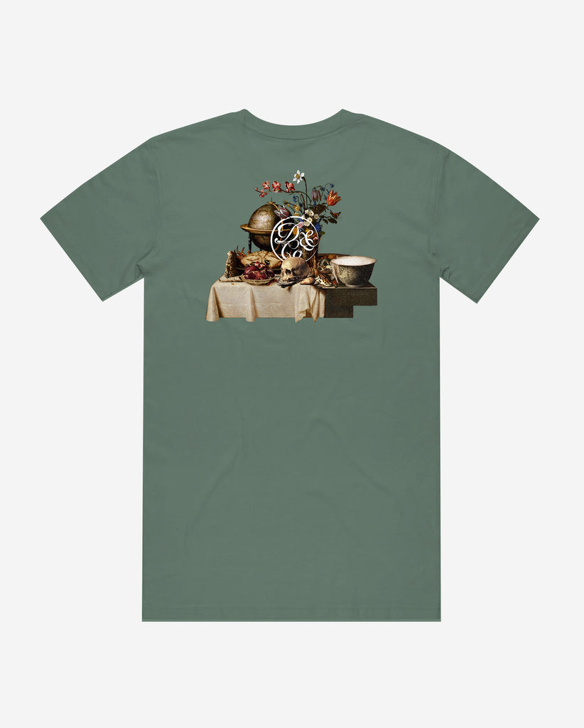 back of olive tee with table of food and drinks graphic and death & co. logo