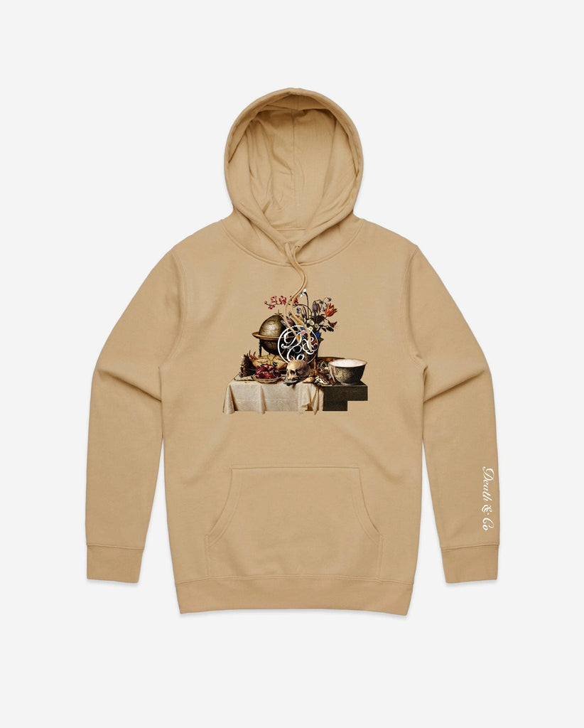 tan hoodie with table of food and drinks graphic and death & co. logo