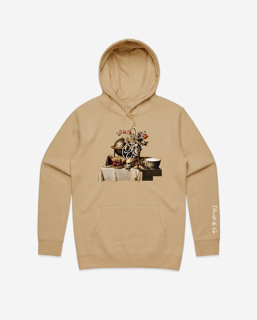 tan hoodie with table of food and drinks graphic and death & co. logo