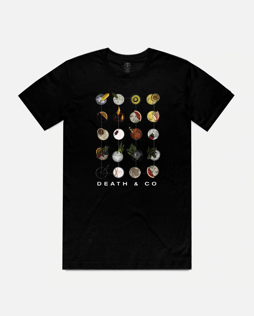 black t-shirt with the tops of drinks graphic